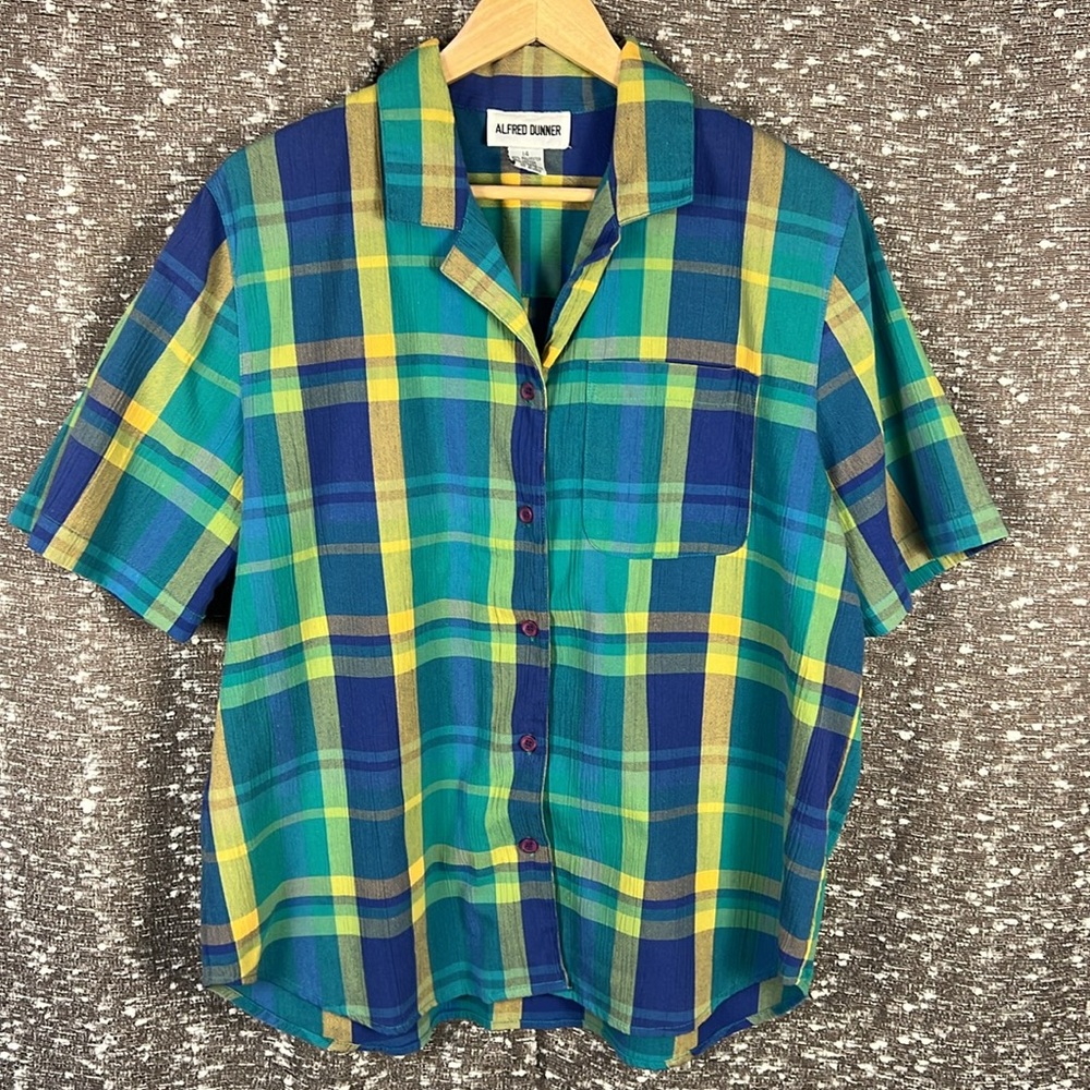 Alfred Dunner Blue and Yellow Plaid Short Sleeve‎ Button Up Size 14